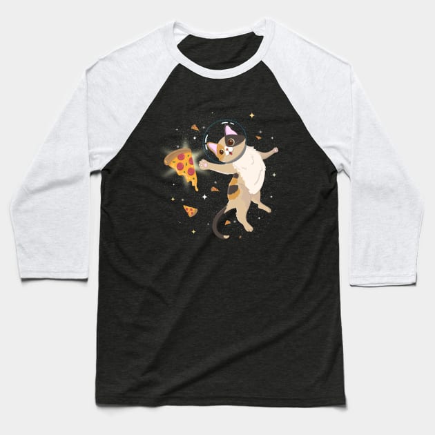 Space Cat Chasing Pizza Baseball T-Shirt by HamilcArt